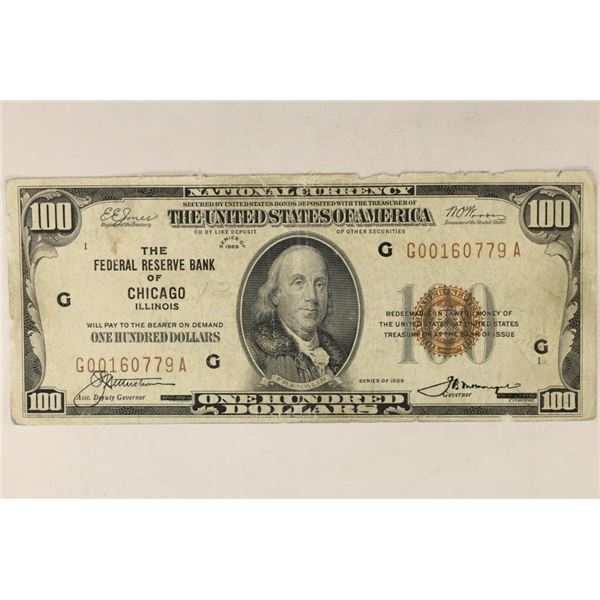 1929 FEDERAL BANK OF CHICAGO $100 BROWN SEAL