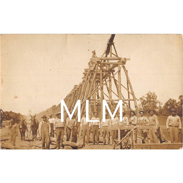 Construction Crew Railroad Bridge Akron, Indiana Photo Postcard