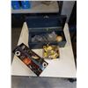 Image 1 : BOX OF BRASS HINGES AND TOOLBOX WITH COPPER FITTINGS AND SHOP SUPPLIES