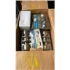 Image 2 : 2 CRATES, PAIL AND BOX OF DOOR KNOBS, ELECTRICAL HOUSINGS, OUTLET FACEPLATES, HARDWARE AND SHOP SUPP