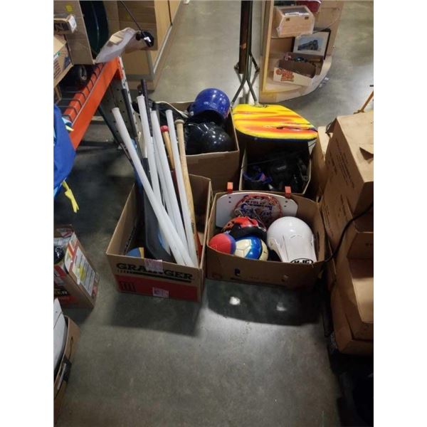 LOT OF BASEBALL GEAR, BATS, HOCKEY STICKS, ROLLER BLADES