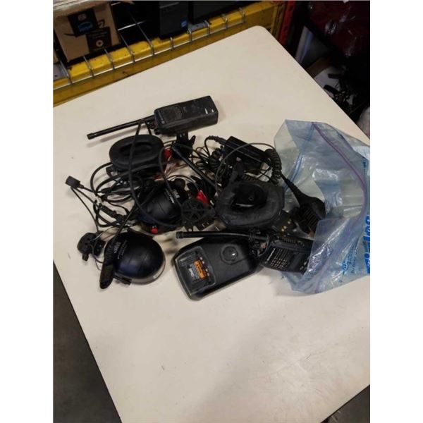 MOTOROLLA WALKIE TALKIES WITH CHARGING BASE AND 3M PELTOR HEADSETS