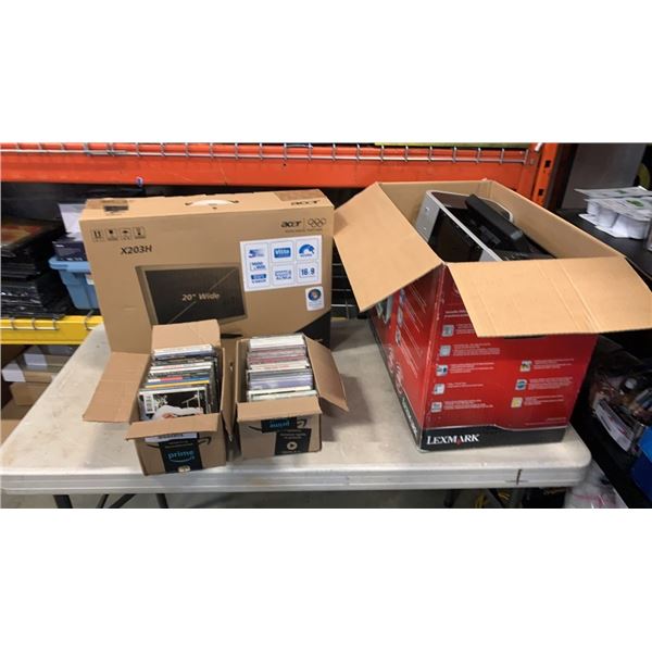 LEXMARK PRINTER, ACER MONITOR AND 2 BOXES OF CDS