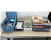 Image 1 : SMALL TOTE OF SEWING SUPPLIES WITH IHOME LIGHTED VANITY SPEAKER, SOUNDSPA REJUVENATE AND INTEX AIRBE