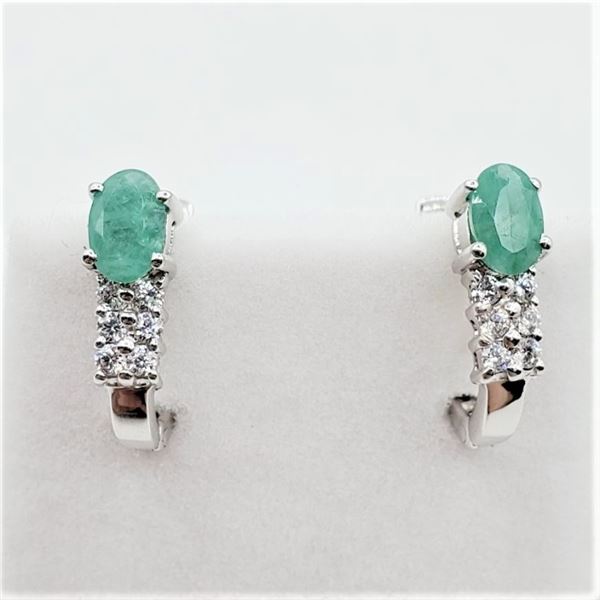 STERLING SILVER 6MM X 4MM GENUINE EMERALD (0.72CTS) & CZ EARRINGS, W/A $880.00