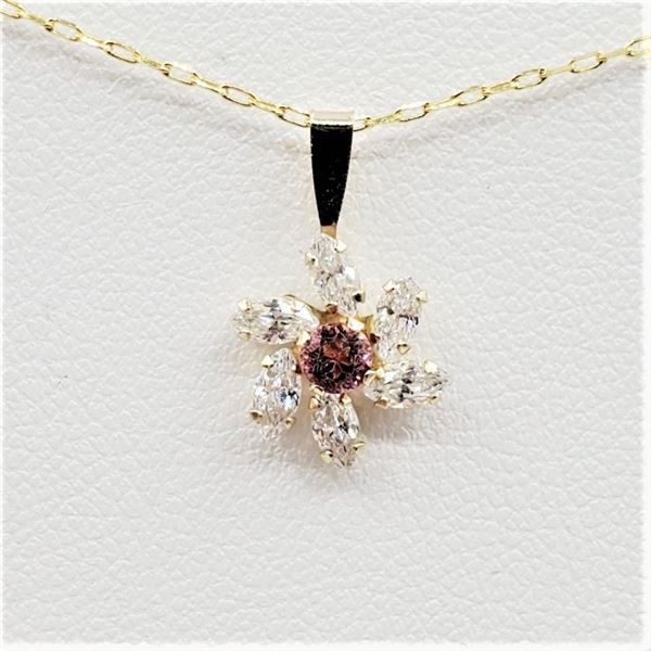 10KT. YELLOW GOLD 3.47MM X 3.47MM GENUINE PINK TOURMALINE (0.2CTS) & CZ FLORAL PENDANT WITH STERLING