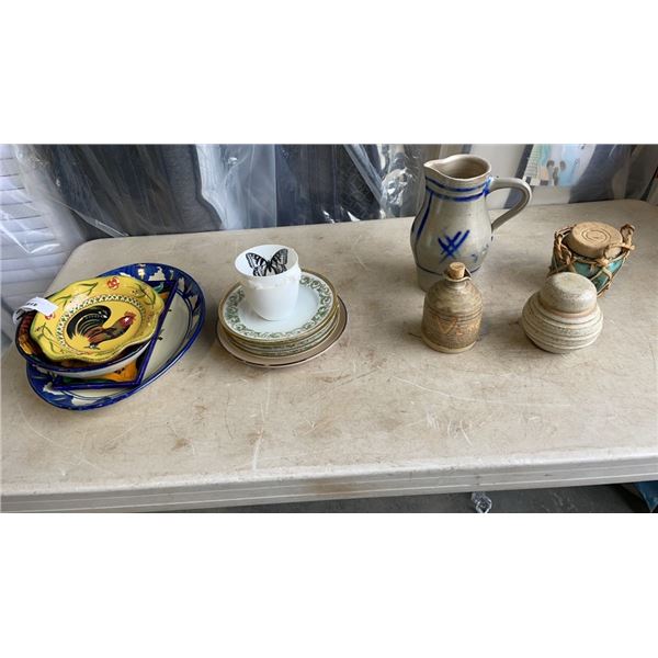 HAND PAINTED DISHES, POTTERY JUGS AND CONTAINERS AND SERVING DISHES