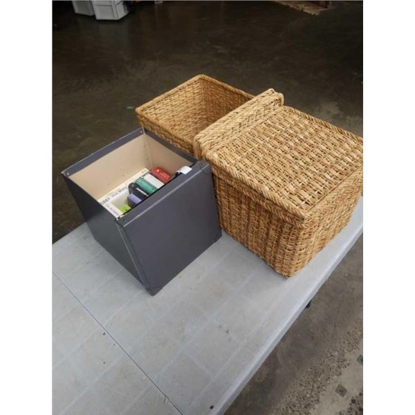 2 WICKER BASKETS AND GREY STORAGE BOX