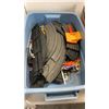 Image 2 : TOTE AND BOX OF COLLECTIBLES, PINS, TOYS, SLOT CAR TRACK, KNOBS, WOOD TRAY, ETC