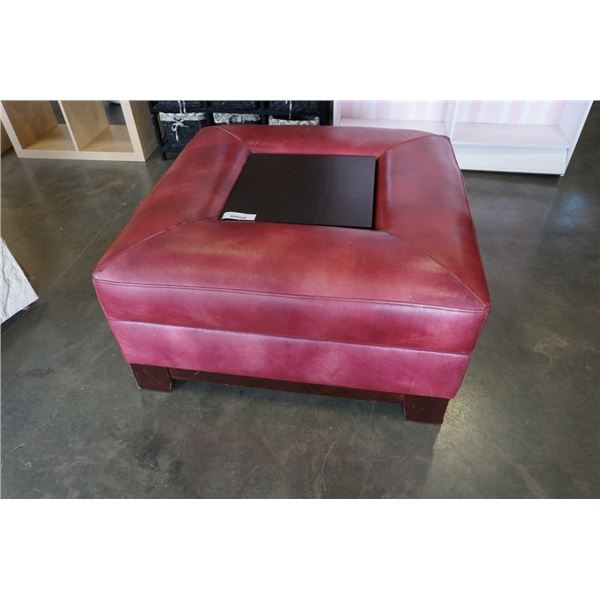 LARGE RED STORAGE OTTOMAN WITH CENTER TRAY - 37 X 37 INCHES