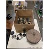 Image 1 : WOVEN BASKET, METAL STAND, METAL CANDLE STANDS AND DECORATIVE SKULLS