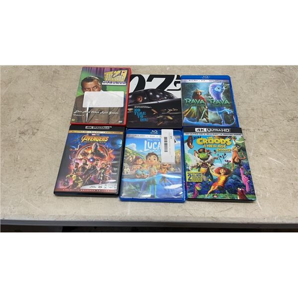 6 NEW BLURAYS AND DVDS - INCLUDES DISNEY AND MARVEL TITLES, RETAIL $59