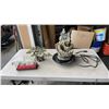 Image 1 : METAL HORSE DRAWN CART FIGURE, ARTIFICIAL BONSAI TREE AND CASTLE FIGURE WITH FOUNTAIN BASE