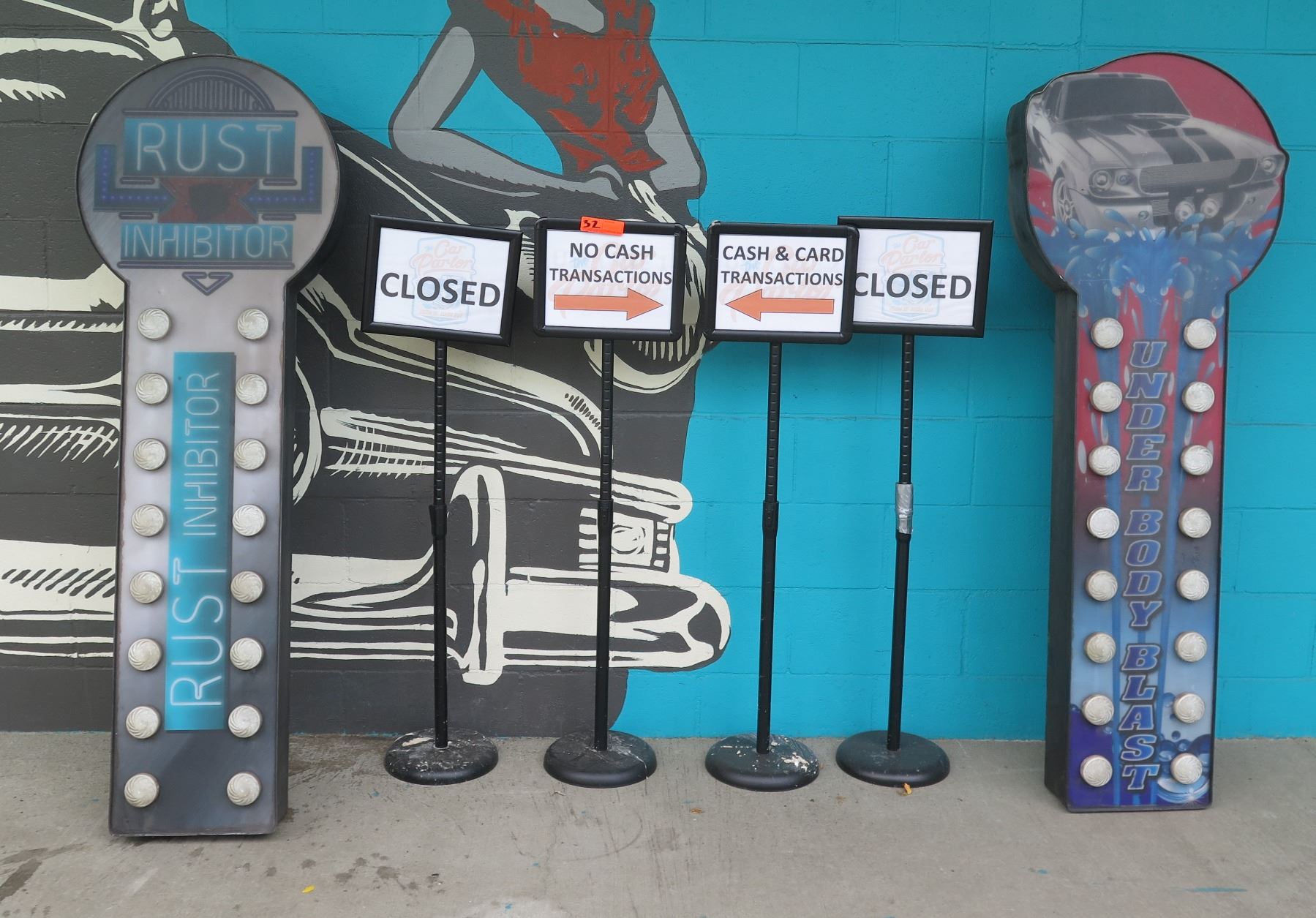 Multiple Signs: Rust Inhibitor Electric Sign, Closed, No Cash ...