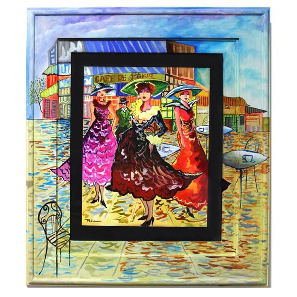 Patricia Govezensky- Original Watercolor with Hand Painted Frame "Cafe De Paris"