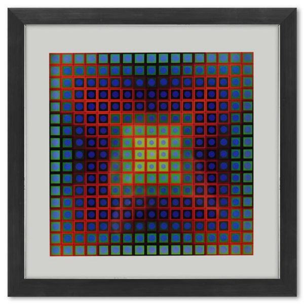 Victor Vasarely (1908-1997), "Kezdi de la série Folklore Planetaire" Framed 1971 Heliogravure Print 