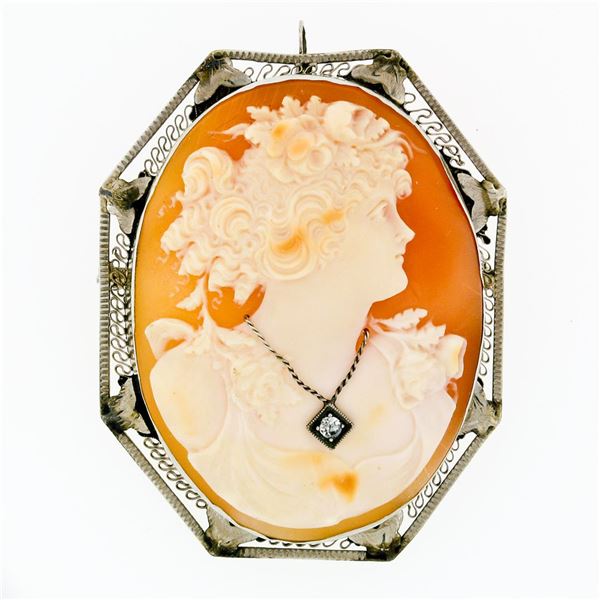 Antique Art Deco 14k White Gold Cameo Round Diamond Filigree Brooch Pin Pendant