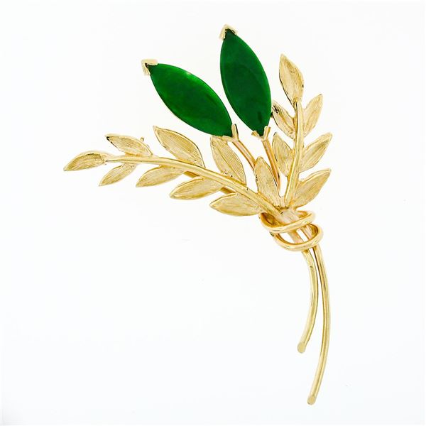 Vintage 14k Gold Marquise Jade Textured Branch Leaf Flower Bundle Brooch Pin