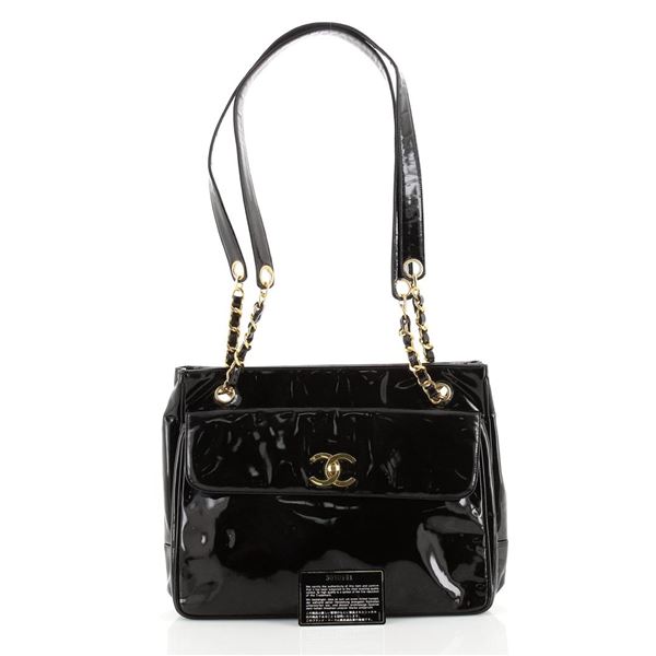 Chanel Vintage Front Pocket Chain Tote Patent Medium Black