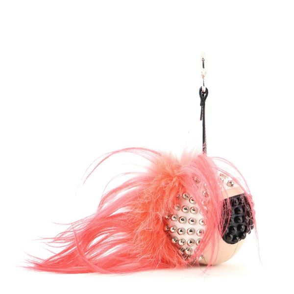 Fendi Punkito Karlito Bag Charm Studded Leather with Fur Neutral, Pink