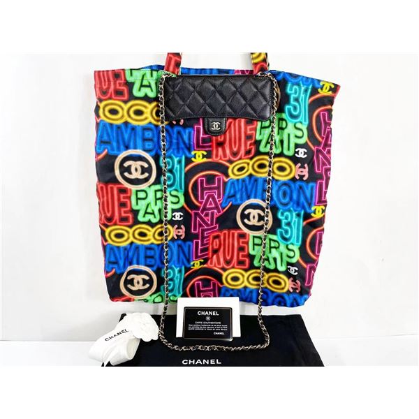 Chanel Black Multicolor Graffiti Printed Fabric Foldable Chain Tote Bag
