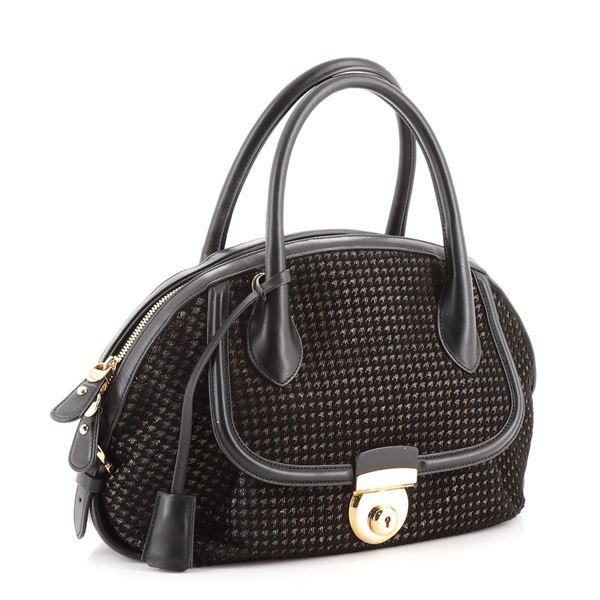 Salvatore Ferragamo Fiamma Satchel Laser Cut Suede with Glitter Medium Black