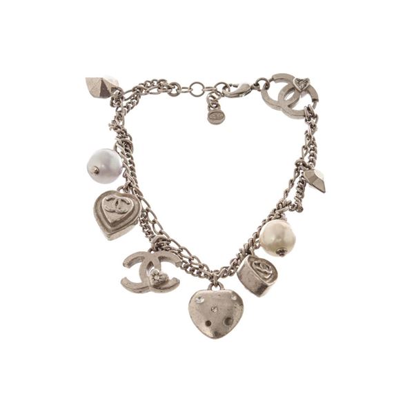 Chanel Silver-tone Metal CC Logo Pearl Charm Bracelet