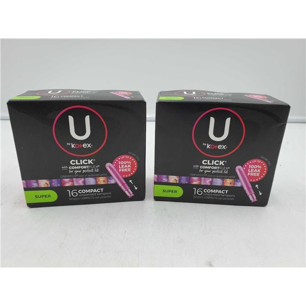 Kotex U click super unscented tampons lot of 2 x 16