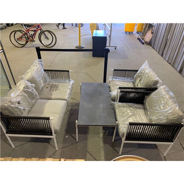 4 Piece Wicker & Metal Patio Set, 2 Chairs 1 bench and a coffee table with Matching Beige Cushions