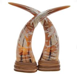 Rare White Water Buffalo Horn Scrimshaw Pair (CLB-377)