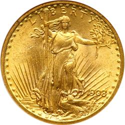 1908 $20 St. Gaudens. No Motto NGC MS63
