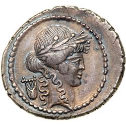 P. Clodius Turrinus, moneyer, c. 43 BC. AR Denarius min
