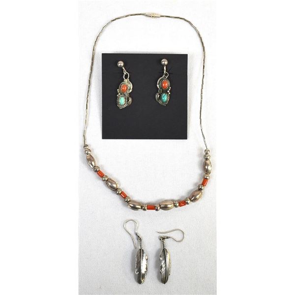 Navajo Sterling Necklace and 2 Pairs of Earrings