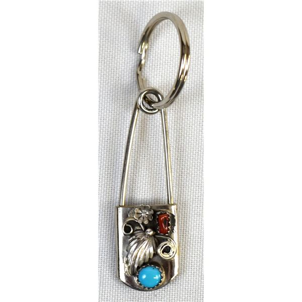 Navajo Turquoise and Coral Safety Pin Key Ring