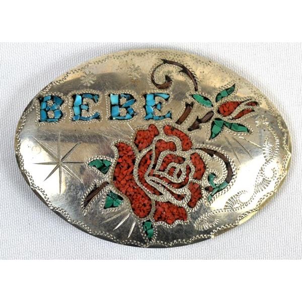 German Silver Coral & Turquoise Inlay Buckle