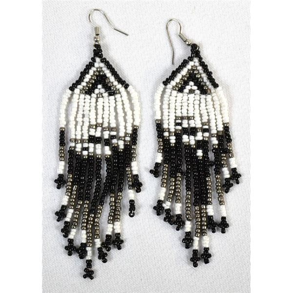 Hand Beaded Black and Pearlescent Bead Earrings