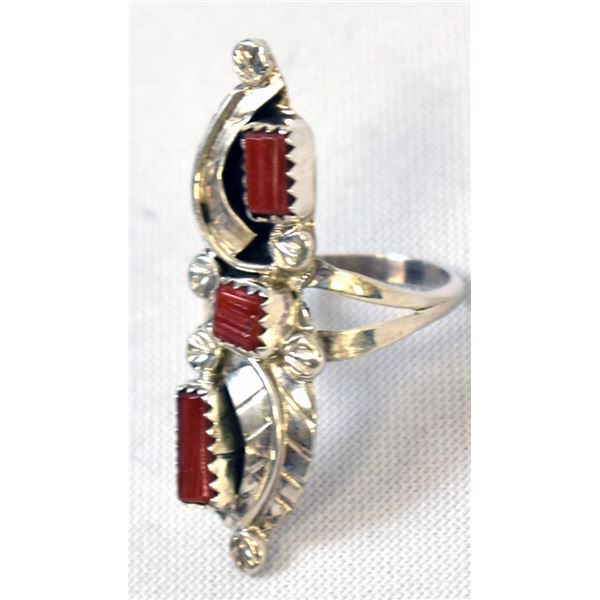 Native American Sterling Coral Ring, Size 8.5