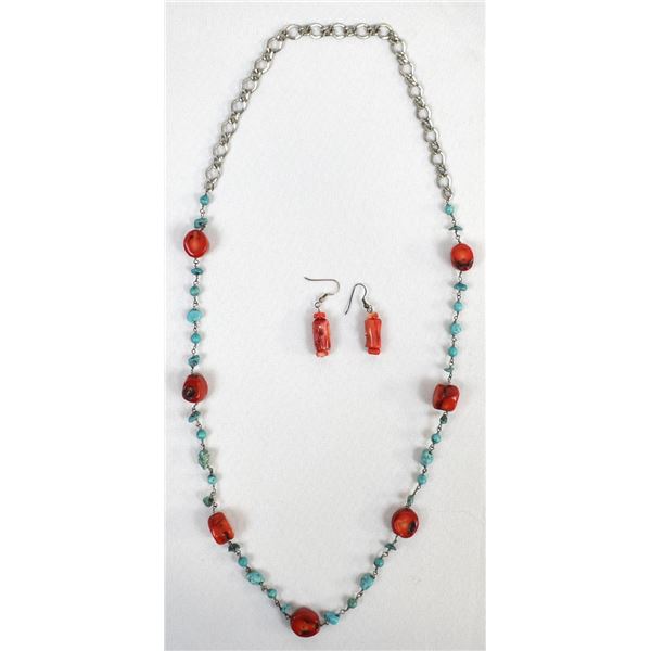 Coral and Turquoise Necklace with Earrings
