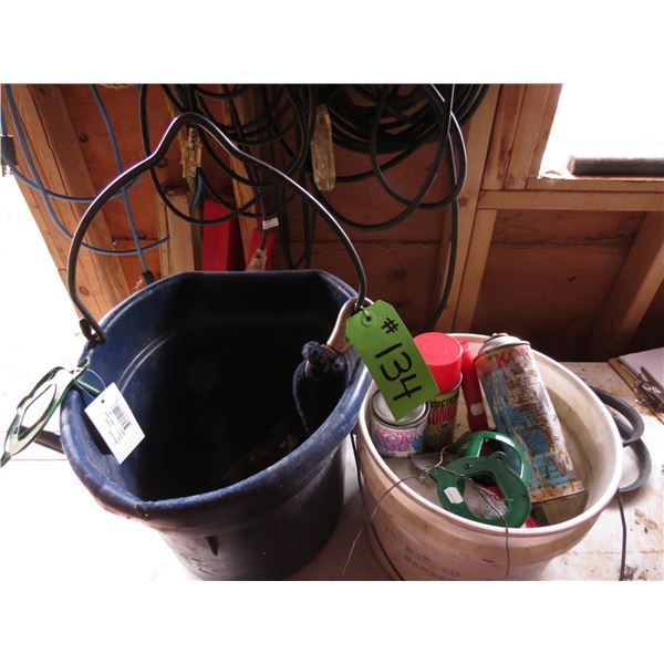 2- Buckets, 2- Bridle Hooks and Misc. Grooming Items