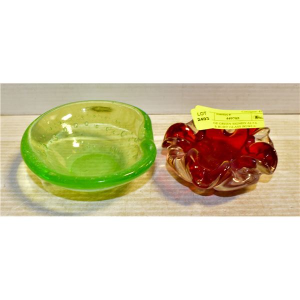 VINTAGE GREEN SIGNED ALTA GLASS & RUBY GLASS BOWLS