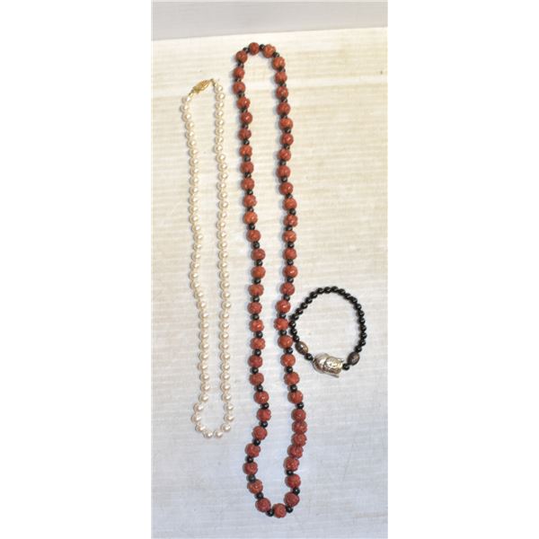 BUDDHA BRACELET, ROSE CUT, & FAUX PEARL NECKLACES