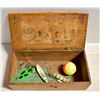 Image 1 : ANTIQUE WOOD BOX WITH OLD FISHING LURES