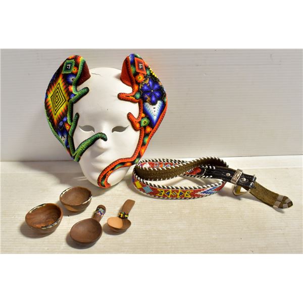 BEADED BELT, BEADED MASK & BEADED BOWLS & SPOONS