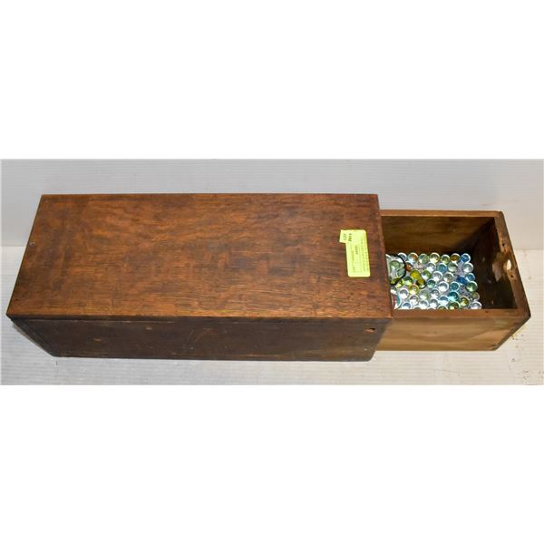ANTIQUE 24 IN LARGE WOOD DRAWER BOX W/ OLD MARBLES