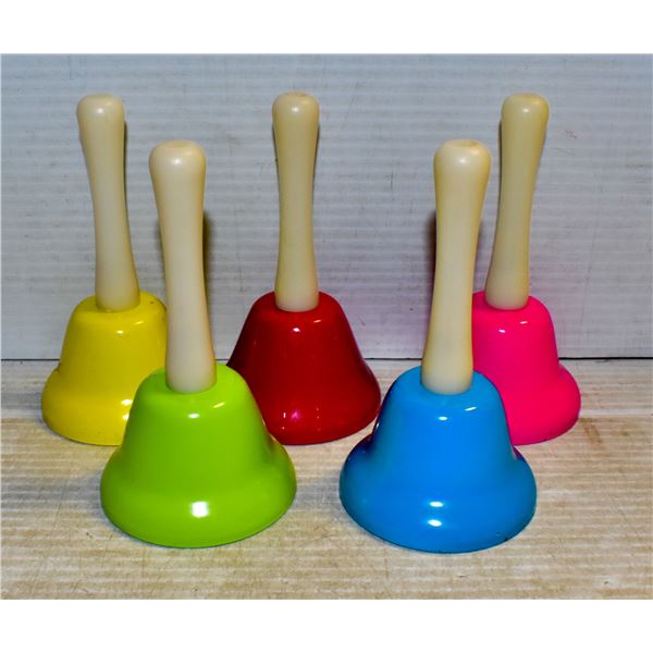 LOUD COLORFUL SET OF HAND BELLS, EACH BELLS IS 6