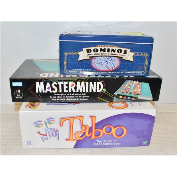 LOT OF 3 BOARD GAMES INCLUDES TABOO, MASTERMIND&