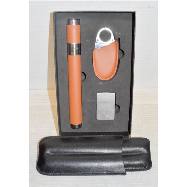 CIGAR SET. CUTTER, CASE, LIGHTER, ETC