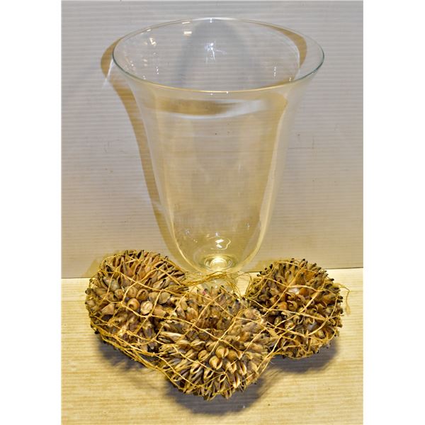 GLASS VASE AND ORNAMENTAL SHELL DECOR