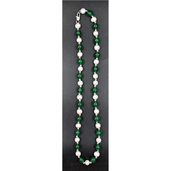 #127- FRESH WATER PEARL& GREEN EMERALD NECKLACE