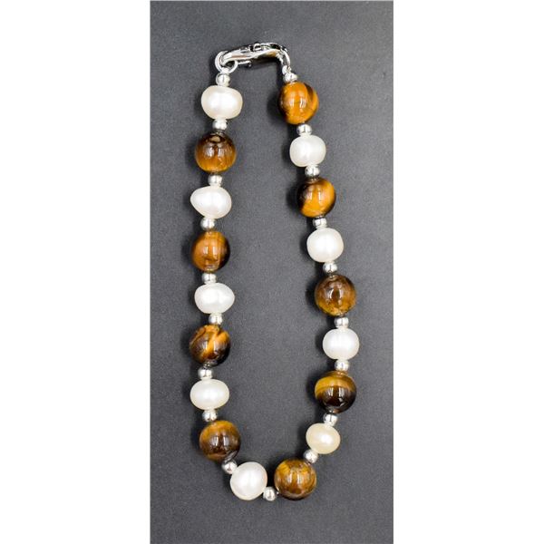 #154- FRESH WATER PEARL& TIGER EYE  BRACELET